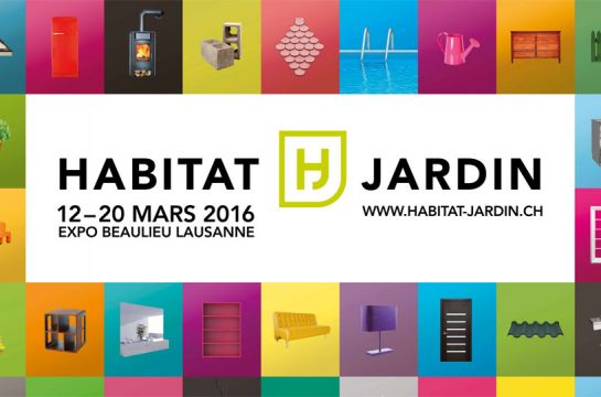 Logo und Datum der Messe Habitat Jardin farbige Felder mit div. Gegenständen herum
