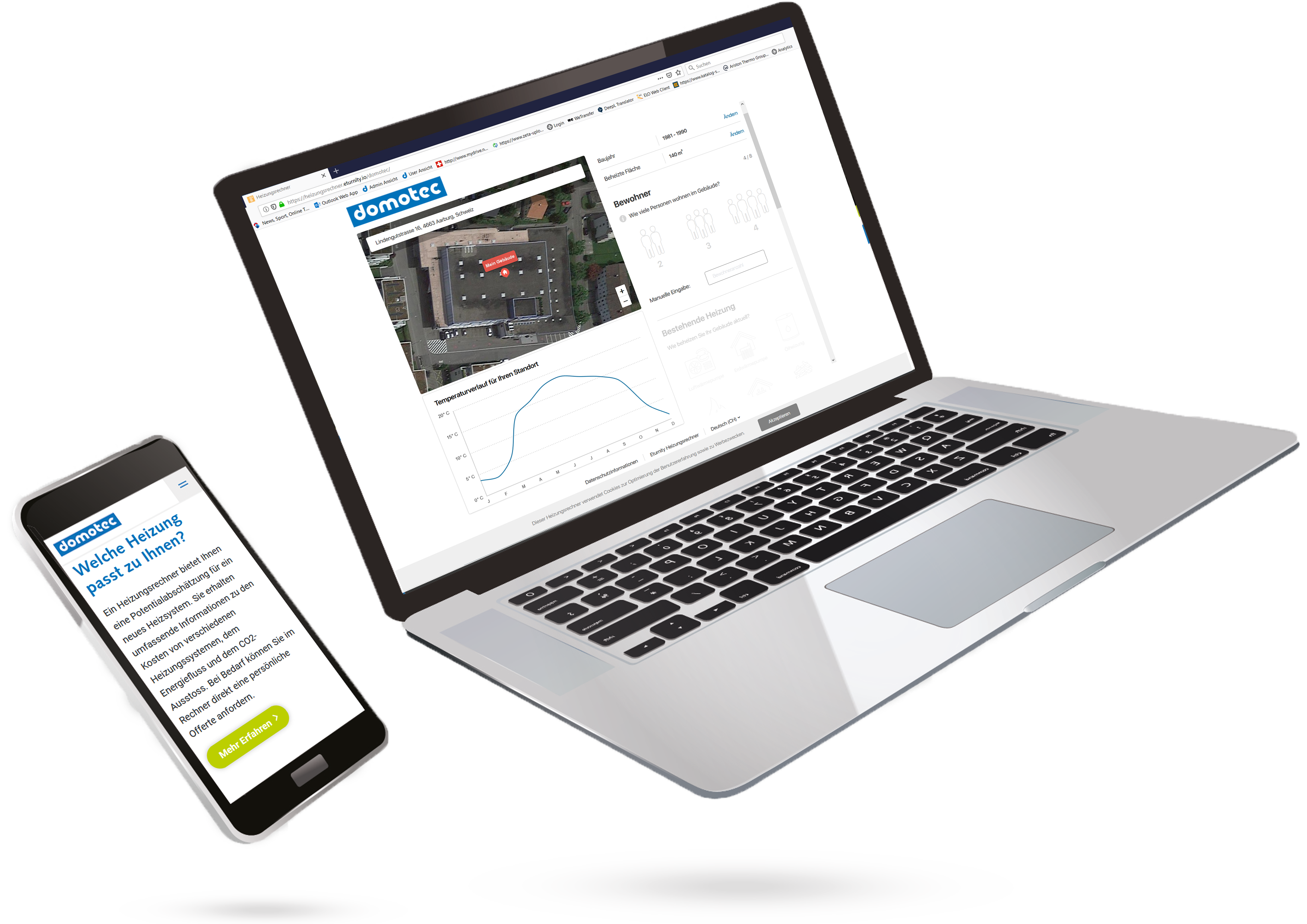 Laptop und Handy Vorschau Domotec Heizungsrechner