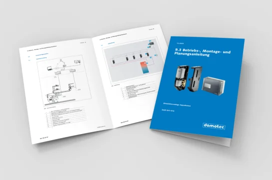 Offene Broschüre des Produkts Aquadomus der Domotec AG mit technischen Informationen auf der Innenseite.