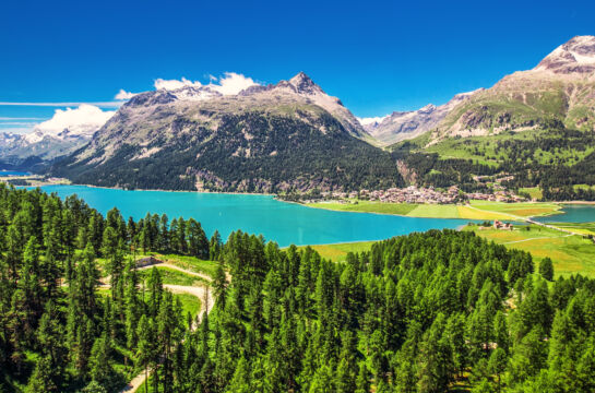 Stunning view of Silsersee, Silvaplanersee, Engadin and Maloja from Corvatsch mountain, Switzerland, Europe. Domtoec AG_Silsersee, Silvaplanersee, Corvatsch, Graubünden